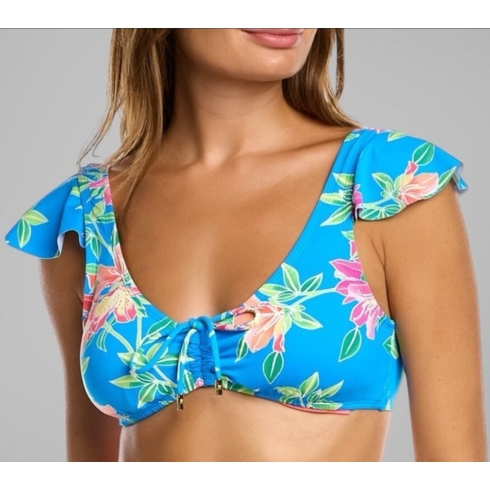 NWT Tommy Bahama Azure Blue Sun Lilies Flutter Sleeve Bikini Top ONLY Size Small